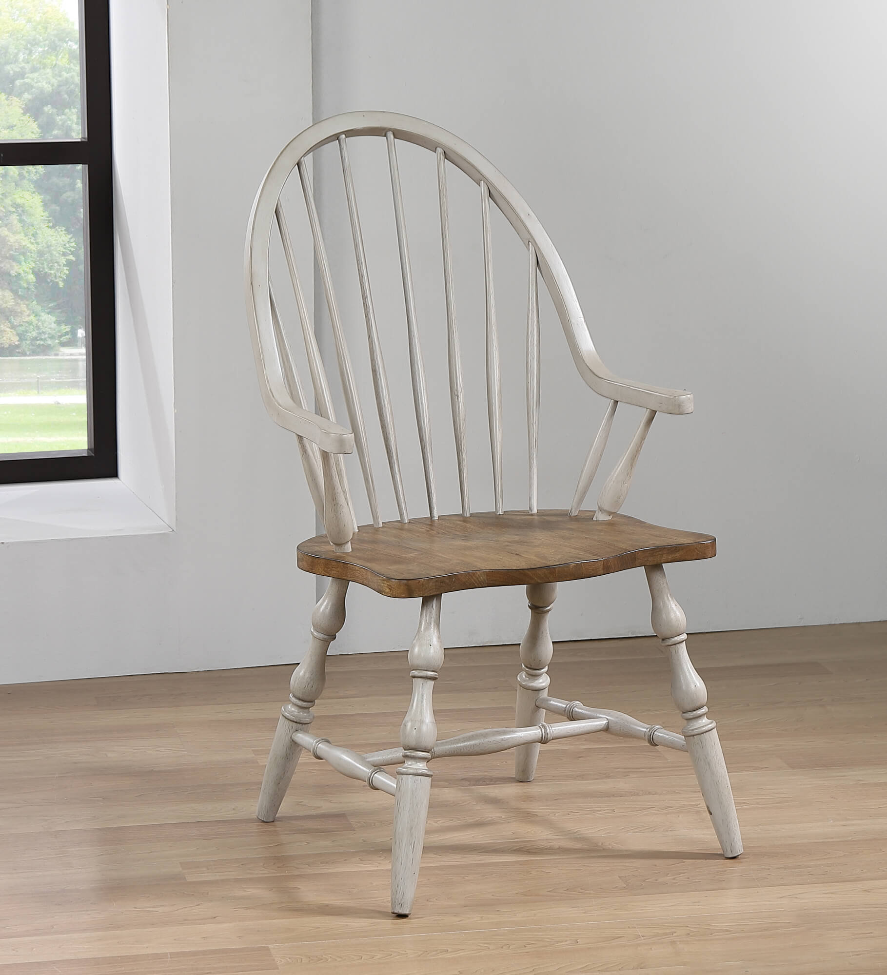 One Allium Way Solid Wood Windsor Back Arm Chair In Light Gray Brown